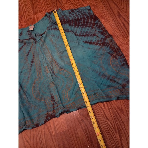 World Market Turquoise Brown Tie Dye Kaftan Top L XL V Neck Rayon - Picture 5 of 7